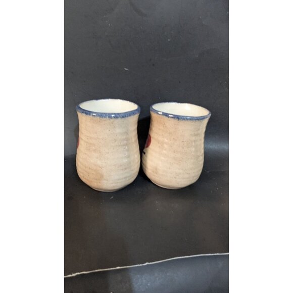 Handmade Stoneware Pottery Mugs Pair Red Heart Blue Trim Rustic Kitchen BW92 - Picture 7 of 7